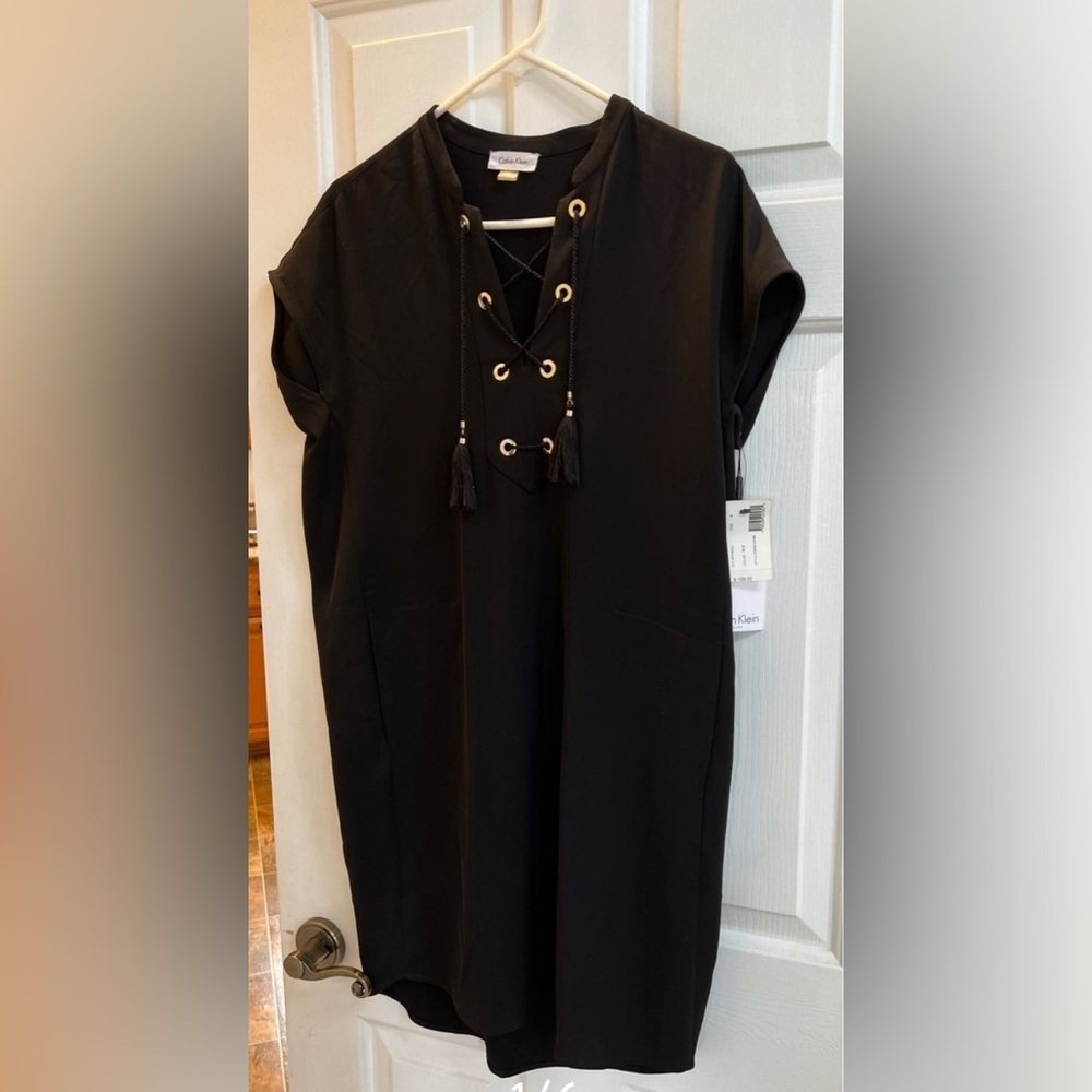 Calvin Klein Black Lace-Up Tassel Shift Dress